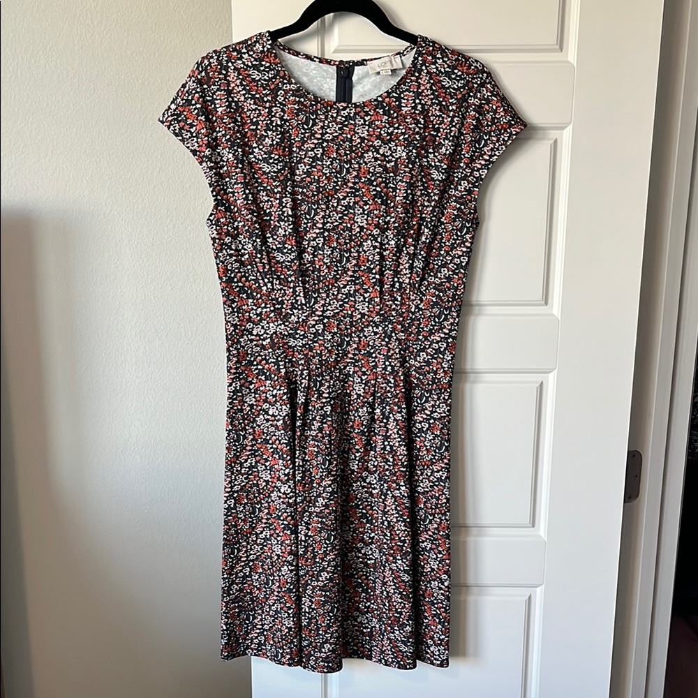 LOFT Red and Pink A-line Midi Dress Crew Neck